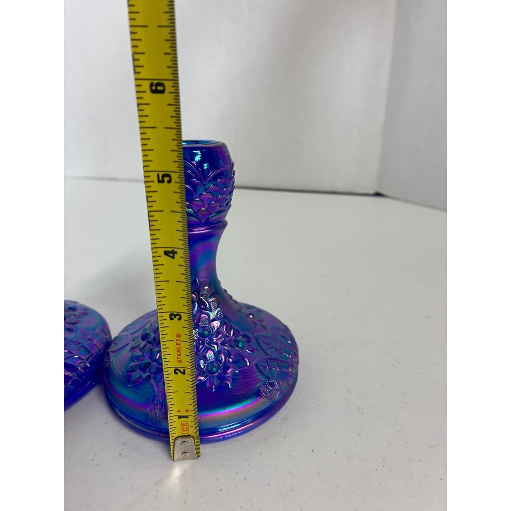 Fenton Cobalt Blue Carnival Glass Forget Me Not Candlestick Holders Pair 5.5in - Picture 6 of 8